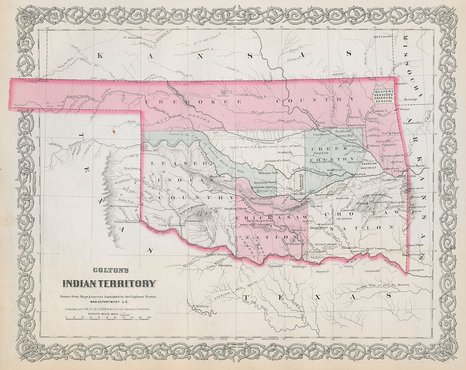 Colton's Indian Territory. Oklahoma. Cherokee Chickasaw Creek Nations 1869 map
